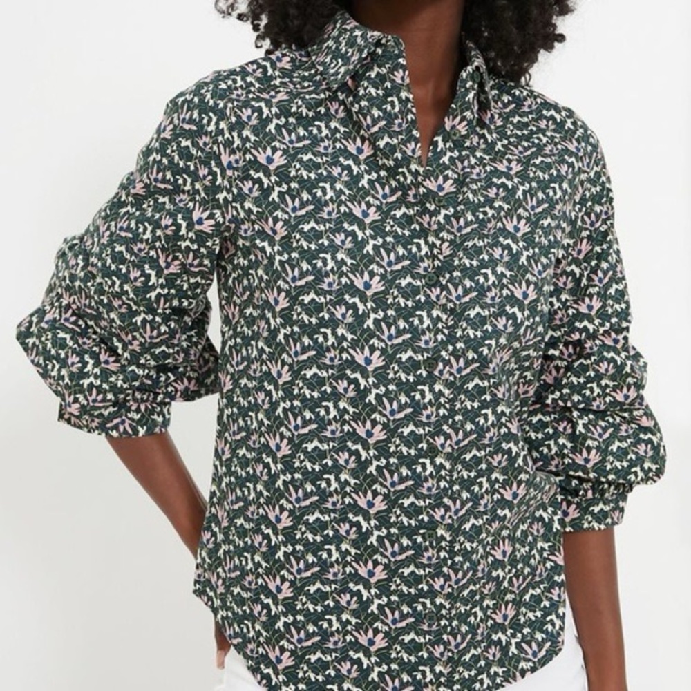 Hyacinth House Green Floral Ruffled Sleeve Button-Up Shirt